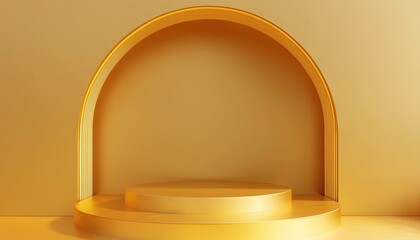Poster - Geometric Gold Podium With Circle Shapes And Curved Wall: Two-Floor Pedestal For Product Showcase Presentation With Copy Space And Rendering.