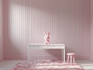 Wall Mural - A white desk with a pink toy rabbit and a pink stool in a room with light pink vertical paneling and a soft rug.