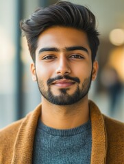 young man in beard, mustache and goatee posing with confidence.