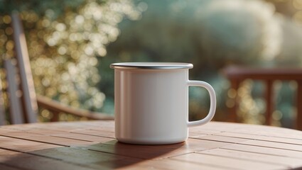 Wall Mural - Plain White Enamel Mug Mockup on a Cozy Outdoor Table.