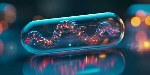 Poster - A close-up view of a futuristic DNA strand encapsulated in a glass capsule. The vibrant colors and lights enhance the scientific feel. Ideal for biotechnology and genetic research themes. AI