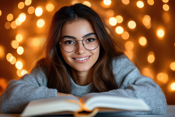 Smiling person enjoying a book with warm lights in the background during evening