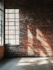 Wall Mural - Brick wall and window in an industrial loft interior. Empty room with sunlight coming through the window.