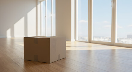 A single cardboard box placed on a wooden floor in a bright, modern room with large windows. Natural light illuminates the space, creating a warm atmosphere.