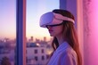 © Thedinindu - Woman experiencing virtual reality headset, city sunset backdrop. Immersive technology.
