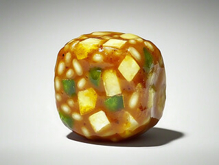 Sticker - Faceted candy cube seemingly fruit-filled and gelatinous with visible internal textures and a soft shadow on a plain background.