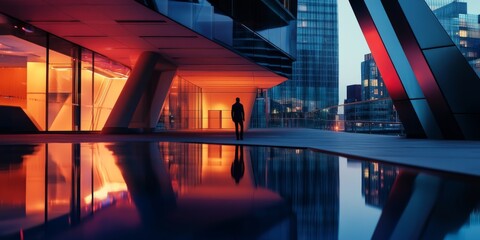 Poster - A modern urban landscape featuring sleek architecture and vibrant colors. The silhouette of a person stands beside a reflective surface. This image conveys style and depth. AI