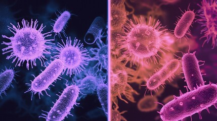 Wall Mural - Colorful microscopic view of bacteria showcasing their diverse shapes and structures in a laboratory setting