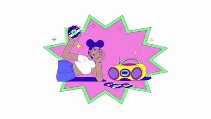 Poster - African american y2k girl with CDs and boombox 2D animation. 2000s fashion music lover black woman compact discs animated character cartoon flat concept metaphor 4K video isolated on white