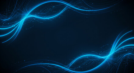 Poster - Glowing blue waves on dark background. Abstract digital lines with light effect. Modern technology background with flowing neon curves. Dynamic design for tech banner with copy space