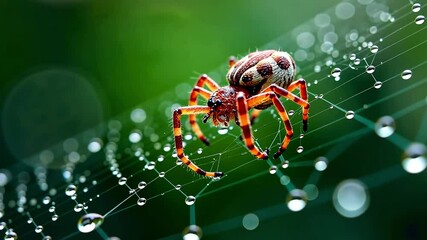 Small spider weaves a web, dew drops on a spider web, macro. insects in nature