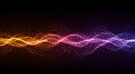 Poster - Colorful glowing wave made of particles on black background. Abstract digital light stream in rainbow colors. Futuristic energy flow effect for tech design with copy space