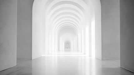 Fototapete - Architectural perspective of expansive white corridor with arches leading to bright light in modern interior design