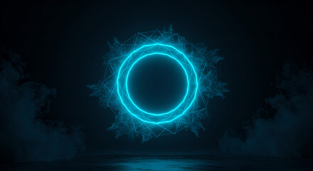 Poster - Bright blue neon circle with glowing energy rays on dark background. Futuristic portal ring with light effects. Modern sci-fi design element for technology concept with copy space