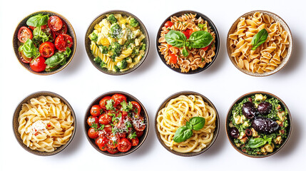 Wall Mural - Collection of different mediterranean pasta dishes, top view, isolated on a white background.