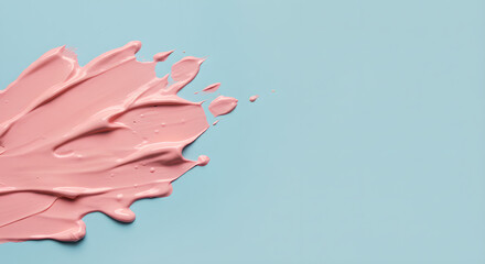 Poster - Pink paint strokes creating abstract leaf shape on light blue background. Minimal artistic composition with pastel colors. Modern design element for creative projects with copy space