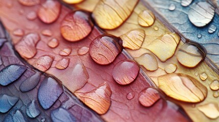 Poster - Close-up of textured surface with droplets reflecting light in natural tones showcasing nature's intricate patterns and details