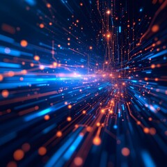 Poster - Digital speed light tunnel with blue and orange particles. Abstract technology background with dynamic motion effect. Futuristic data stream visualization for tech banner with space