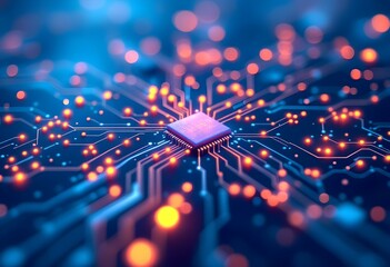 Poster - Microprocessor chip on glowing blue circuit board with orange light paths. Digital technology concept with neural network connections. Future computing background for tech banner