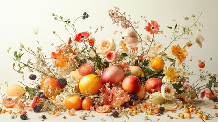Fototapete - Colorful arrangement of fresh fruits and vibrant flowers displayed on a light blue background in natural light