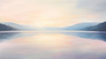 Aufkleber - Serenity of dawn over a peaceful lake surrounded by mountains in soft pastel hues reflecting the tranquil water