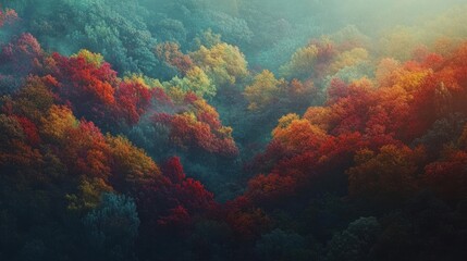 Aufkleber - Vibrant autumn foliage displays a stunning array of colors in a serene forest landscape during the golden hour of dusk