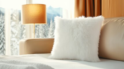 Wall Mural - A plush white pillow sits elegantly on a bed with stunning mountain views through the window, creating a serene ambiance for relaxation and comfort.