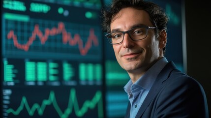 Poster - Financial analyst reviewing stock market data in modern office environment with digital screens displaying market trends