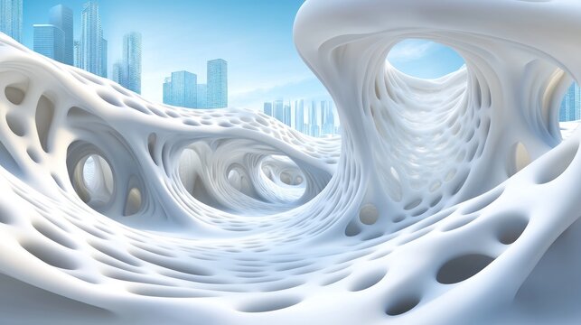 Abstract white organic structure. Buildings behind in urban landscape. Futuristic design