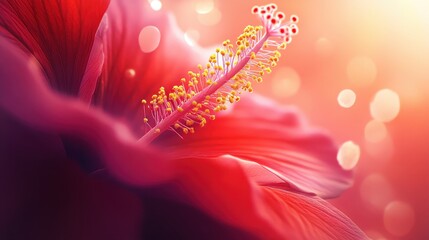 Poster - Vibrant red hibiscus flower showcasing intricate details and textures in soft lighting during early evening hours