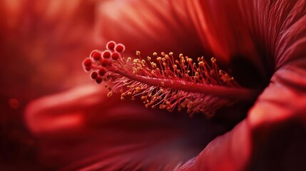 Poster - Vibrant red hibiscus flower showcasing intricate details and textures in soft lighting during early evening hours