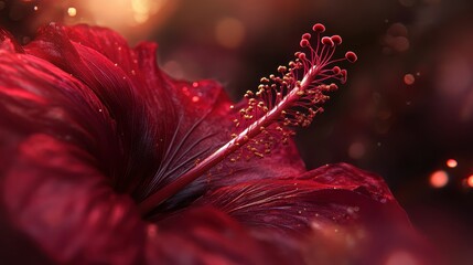 Poster - Vibrant red hibiscus flower showcasing intricate details and textures in soft lighting during early evening hours
