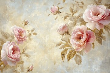 Aufkleber - Soft pastel roses gracefully adorn a textured background, creating a serene floral composition with delicate petals and gentle hues in a vintage style
