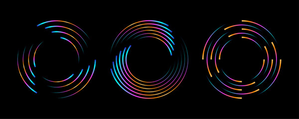 Poster - Colorful radial speed lines forming circles on a black background, suggesting motion and energy.Neon gradient curved waves in round shapes. Set of bright spinning circular borders. Vector collection