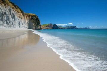 Wall Mural - Coastal View of Cliffs and Shoreline Under Clear Blue Sky in Summer