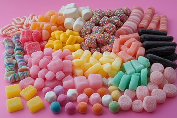 Wall Mural - Colorful Assortment of Gummy Candies Arranged on a Vibrant Pink Background for a Fun Snack Experience