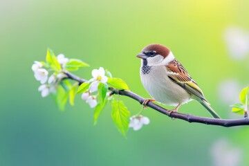 Naklejka na meble Small bird gathers nesting materials while perched on branch with budding leaves in spring setting