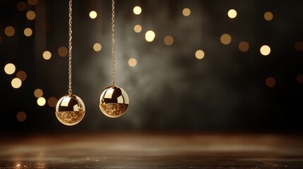 The image displays two shiny gold balls suspended in the air, adorned with delicate strings, set against a vibrant, luminous bokeh background, evoking festive vibes.