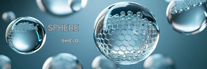 Poster - Graphic layout showcasing transparent glass spheres with hexagonal patterns for advertising