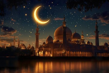 Wall Mural - Abeautifullylitcrescentmoonaboveapeacefulmosque,withstarstwinklingintheskyWarmgoldenlightreflectsoffthebuilding