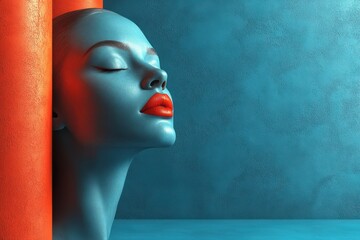 Poster - Beauty figure in blue tone with contrasting red columns against a textured background