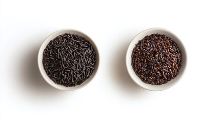 Wall Mural - Black rice in a white bowl, top and front view, food collection isolated on a white background.