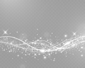 Poster - Sparkling white light particles on transparent background, glowing stars and dust effect, festive glitter overlay, magical illumination, digital abstract decoration.