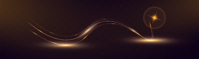 Poster - Light sparkle glitter shine glow with golden wavy light trails, glowing particles, and sparkling effects on a transparent background.