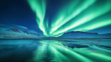 aurora borealis above the clouds ,breathtaking view of the northern lights illuminating the night sky with vibrant shades of green , blue , purple over serene , snow covered mountain landscape, forest