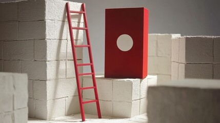 Poster - a minimalist red structure with a circular opening surrounded by white blocks and a ladder