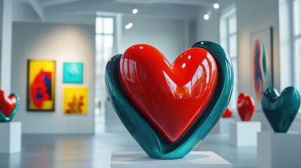 Poster - Vibrant Heart Sculptures on Display in Modern Art Gallery
