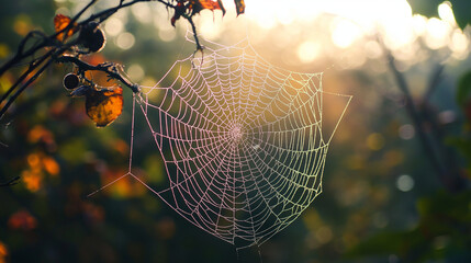 spider web with dew drops in the morning 