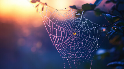 spider web with dew drops , trees in the garden 
