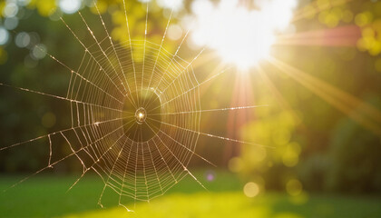 Spider Web with Dew Drops in the Sunlight